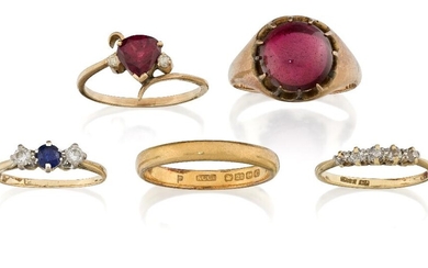 A group of five gold and gem-set rings comprising: a 22ct plain gold band ring, approx. size S, 4.5g; a five-stone diamond ring, hoop stamped 18ct, approx. size L½; a 9ct gold mounted garnet cabochon ring, approx. size Q; a sapphire and diamond...