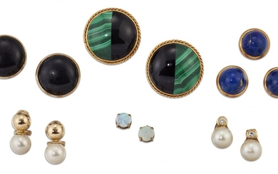 A group of jewellery, comprising: Two pairs of cultured pearl single stone earrings, a pair of domed malachite earrings; a pair of onyx bouton earclips; a pair of opal earstuds, and three lapis lazuli domed circular dress buttons