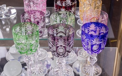 A harlequin set of nine Continental colored glass cut to clear wine goblets, unmarked, 8