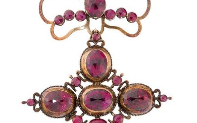 A late 18th century Iberian gold and foiled garnet cross pendant, of pendeloque form, the cross comprising four oval rose-cut garnets suspending a single pear shaped rose-cut garnet with circular and oval rose-cut garnet accents, to a stylised bow...