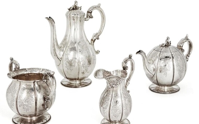 A matched Victorian silver four piece tea service, the tea pot, milk jug and sugar London, 1843, John Angell II & George Angell, the coffee pot Glasgow, 1854, William Clarke Shaw, both pots designed with ivory spacers and novelty finials to hinged...