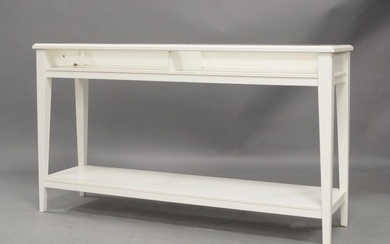A modern white painted side table, with glass top, raised on square tapering legs, joined by under tier, 75cm high, 132cm wide, 37cm deep