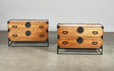 A pair Japanese elm tansu chests on metal stands