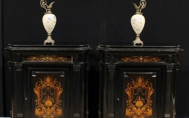A pair of 19th century Continental ebonised and marquetry pi...