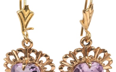 A pair of 9ct gold amethyst heart drop earrings, with French...