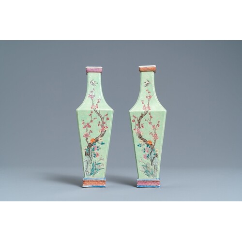 A pair of Chinese famille rose green-ground vases with flora...
