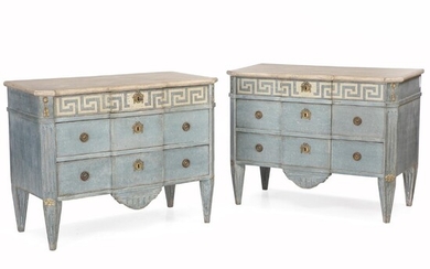 SOLD. A pair of Gustavian style blue painted commodes with gilded carvings, each top of imitated stone. Sweden, 20th century. H. 79 cm. W. 102 cm. D. 52 cm. – Bruun Rasmussen Auctioneers of Fine Art