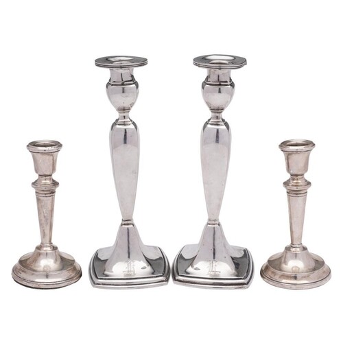 A pair of Sterling silver candlesticks, stamped marks: initi...