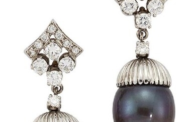 A pair of black cultured pearl and...