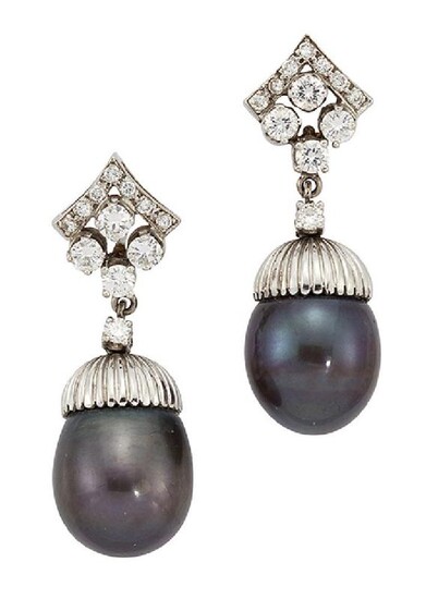 A pair of black cultured pearl and...