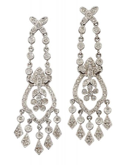 A pair of diamond pendent earrings, of...