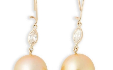 A pair of golden South Sea pearl, champagne diamond and