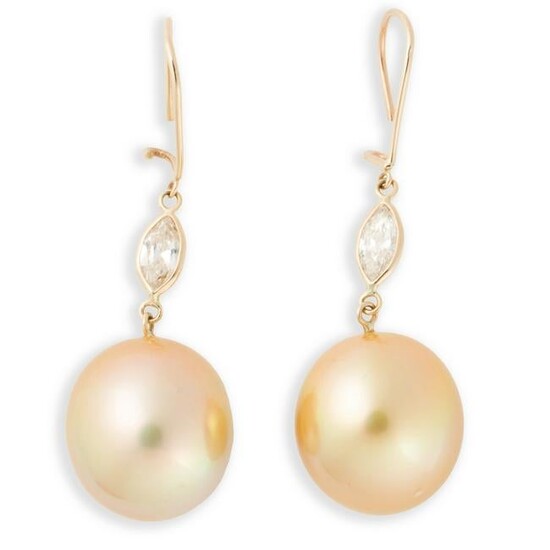 A pair of golden South Sea pearl, champagne diamond and