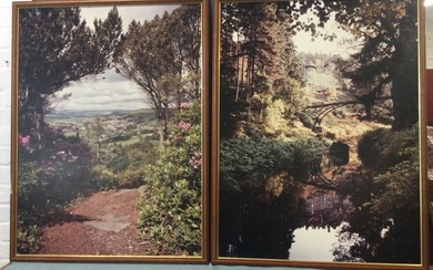 A pair of large photographic landscape prints of Rothbury/Cragside, framed....