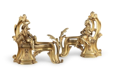 A pair of late Louis XV gilt-bronze chenets, circa 1765 | Paire de chenets en bronze doré, de la fin de l'époque Louis XV, vers 1765, A pair of late Louis XV gilt-bronze chenets, circa 1765 | Paire de chenets en bronze doré, de la fin de l'époque...