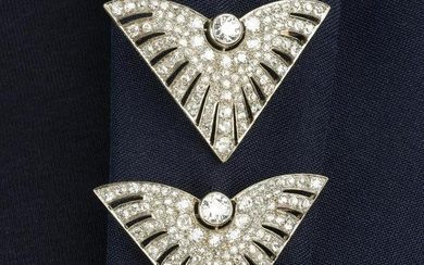 A pair of mid 20th century gold diamond geometric brooches.Principal diamonds estimated total weight