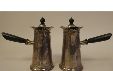 A pair of silver chocolate pots of tapered, cylindrical form...