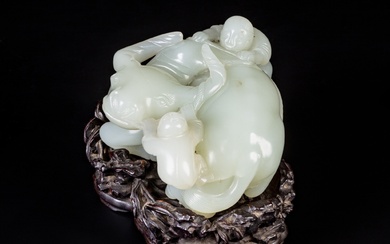 A pale celadon jade 'buffalo and boys' carving, Qing dynasty, Qianlong period | 清乾隆 青白玉童子牧牛擺件