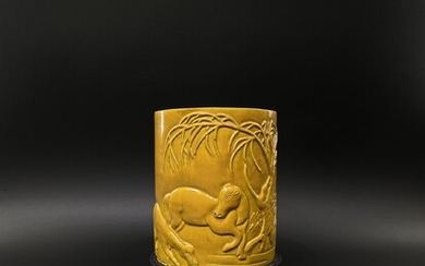 A rare Chinese early Republic period carved yellow glaze...