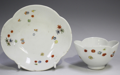 A rare Meissen teabowl and saucer, circa 1730, of quatrelobed shape, enamelled in Kakiemon style wit