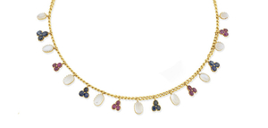 A sapphire, ruby and moonstone necklace