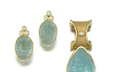 A set of carved aquamarine and diamond jewelry