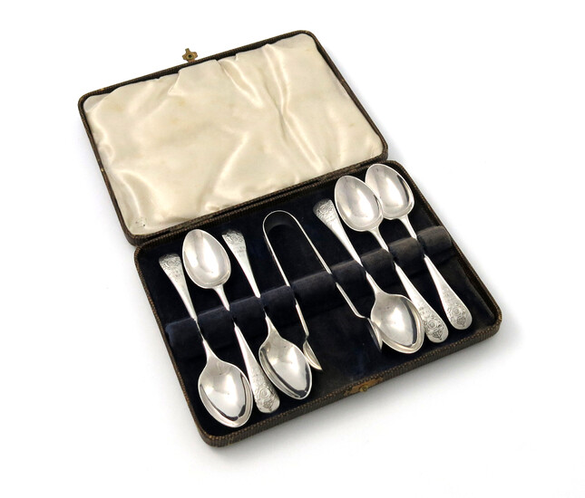 A set of six silver regimental teaspoons and tongs