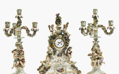 A three-piece mantlepiece set - magnificent pendulum clock on a pedestal and a pair of four-light girandoles - Meissen