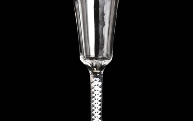 A wine glass, England late 18th century, clear glass, leg with enclosed spiral in white.