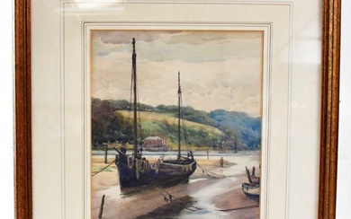 ALBERT DUNNINGTON (1860-1928); watercolour, a fishing boat moored in an...