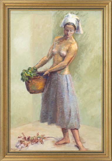 AMERICAN SCHOOL, Mid- to Late 20th Century, A topless female carrying a basket., Oil on canvas, 24" x 36". Framed 41" x 29".