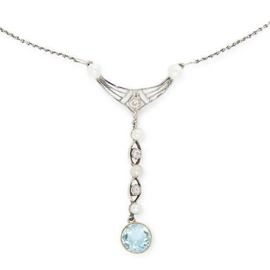AN ANTIQUE AQUAMARINE, DIAMOND AND PEARL NECKLACE