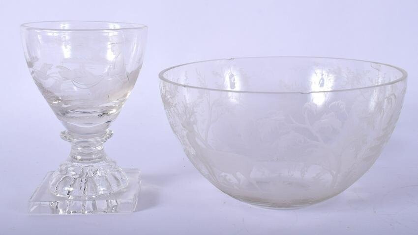 AN ANTIQUE FOX HUNTING GLASS CUP together with a