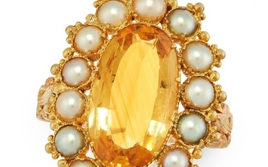 AN ANTIQUE IMPERIAL TOPAZ AND PEARL DRESS RING, 19TH