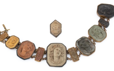 AN ANTIQUE LAVA CAMEO BRACELET; 11 plaques featuring portraits and flowers in brass frames, broken clasp, some chips, length 17cm.