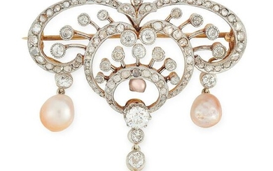 AN ANTIQUE NATURAL PEARL AND DIAMOND BROOCH in high