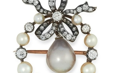 AN ANTIQUE NATURAL SALTWATER PEARL AND DIAMOND BOW