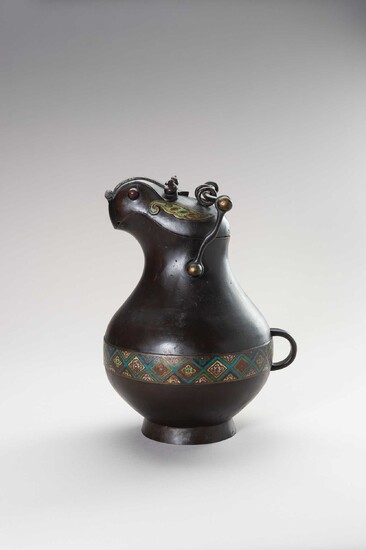 AN ARCHAISTIC ZOOMORPHIC BRONZE AND CLOISONNÉ WINE VESSEL HU
