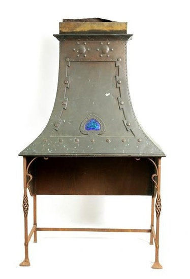 AN ARTS AND CRAFTS COPPER AND RUSKIN ENAMEL FIREPLACE