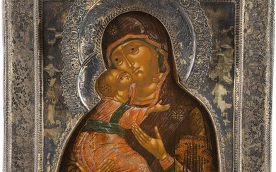 AN ICON SHOWING THE VLADIMIRSKAYA MOTHER OF GOD WITH A