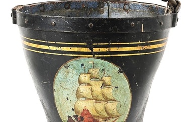 ANTIQUE PAINTED LEATHER FIRE BUCKET.