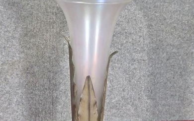 ART NOUVEAU GLASS VASE IN IRON LEAF HOLDER