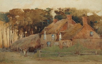 Agnes J. Rudd, British c.1861-1939- Cottages; watercolour and bodycolour heightened with white on paper, signed 'A Rudd' (lower right), 17.2 x 26 cm.