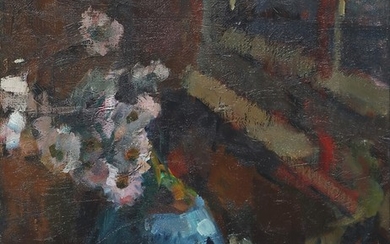 Aksel Jørgensen: Still life with pink flowers in a blue vase. Signed and dated Aksel Jørgensen 1913. Oil on canvas. 55×45.5 cm.