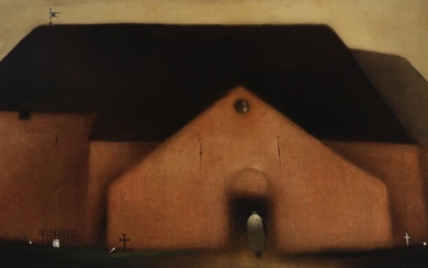 Albert Bertelsen: “Ved indgangen II”. Signed Albert 70 and on the reverse. Oil on canvas. 78×160 cm.