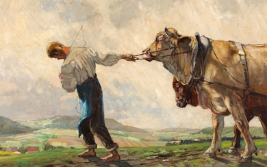 Alexander Eckener: A farmer with his oxen. Signed and dated A. A. Eckener, 1919. Oil on canvas. 80×108 cm.