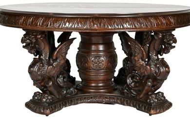 American Carved Oak Griffin Dining Table