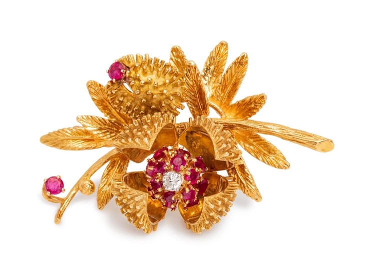 An 18 Karat Yellow Gold, Ruby and Diamond Articulated Floral Brooch
