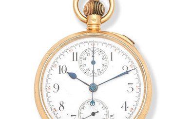 An 18K gold keyless wind open face split second chronograph pocket watch