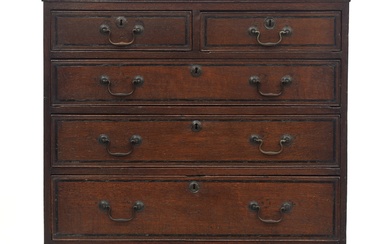 An 18th century oak chest, the moulded top above two short a...